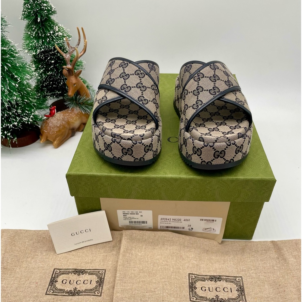 Gucci Beige GG Canvas Platform Slides with Black Trim